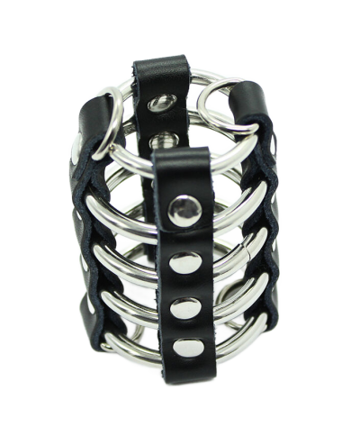 OHMAMA FETISH - CAGE  PÉNIS AVEC ANNEAUX MÉTALLIQUES ET SANGLE EN CUIR