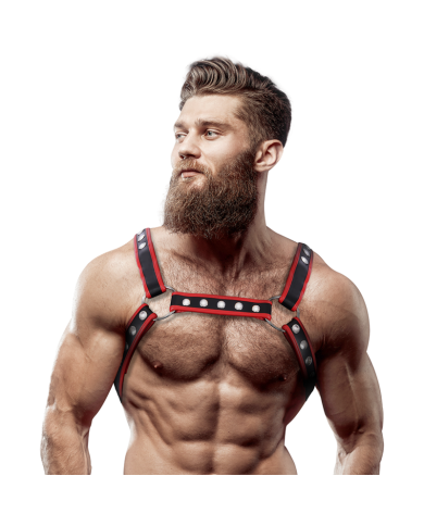 FETISH SUBMISSIVE ATTITUDE - BRUST-BULLDOG-GESCHIRR AUS ÖKOLEDER FÜR HERREN, SCHWARZ/ROT
