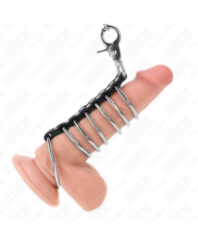 KINK - 7 METAL PENIS RINGS 3.8 CM TO 5 CM CONNECTED WITH LEATHER AND METAL CHAIN 100 CM