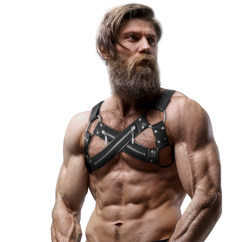 FETISH SUBMISSIVE ATTITUDE - ADJUSTABLE NEOPRENE CROSS-OVER CHEST BULLDOG HARNESS WITH ZIPPERS FOR MEN - Image 3