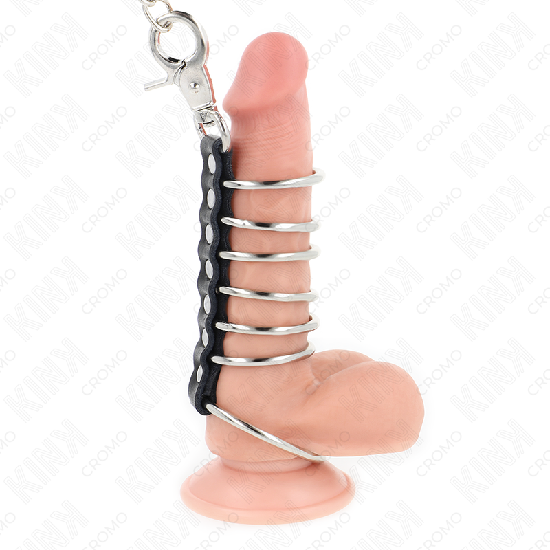 KINK - 7 METAL PENIS RINGS 3.8 CM TO 5 CM CONNECTED WITH LEATHER AND METAL CHAIN 100 CM - Image 2