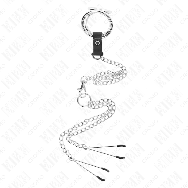 KINK - METALEN PENISRING TRIPLE CHROME 3 CM TOT 4,5 CM MET 26 CM METALEN KETTING EN TEPELKLEMEN - Image 3