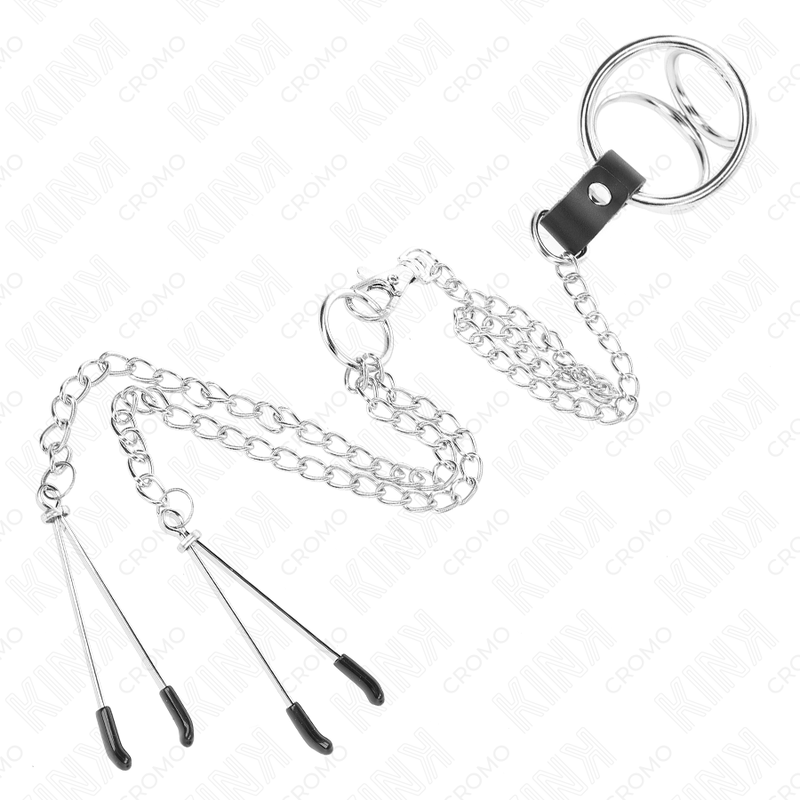 KINK - METALEN PENISRING TRIPLE CHROME 3 CM TOT 4,5 CM MET 26 CM METALEN KETTING EN TEPELKLEMEN - Image 4