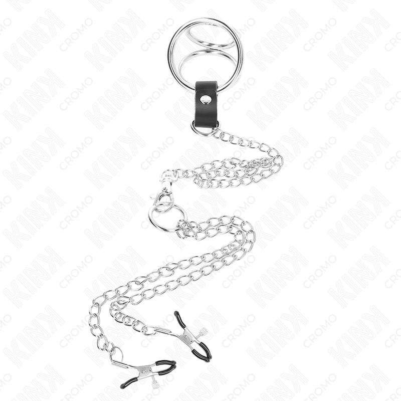 Kink - Triple Chrome Metal Penis Ring 3.8 Cm To 5 Cm With 26 Cm Metal Chain And Nipple Clamps Model 1 - Image 3
