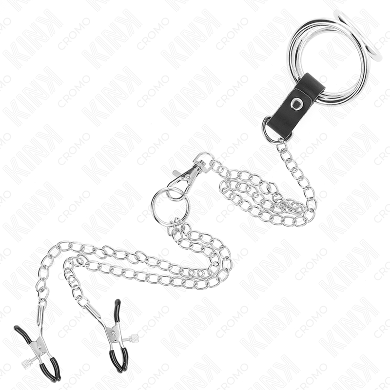 Kink - Triple Chrome Metal Penis Ring 3.8 Cm To 5 Cm With 26 Cm Metal Chain And Nipple Clamps Model 1 - Image 5