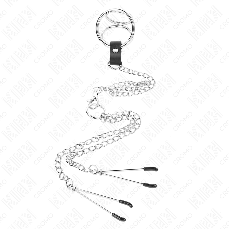 Kink - Anneau Pénis En Métal Triple Chrome 3,8 Cm À 5 Cm Avec Chaîne En Métal De 26 Cm Et Pinces À Tétons Modèle 2 - Image 3