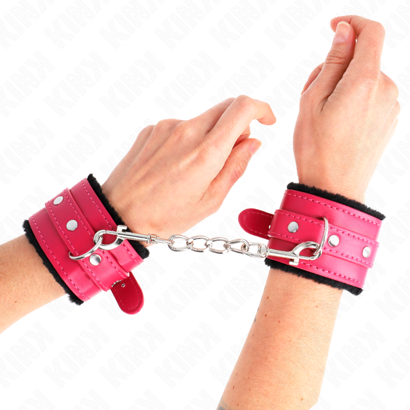 Kink - Appui-Poignets Doublés De Fourrure Premium Noir Avec Ceinture Rose Framboise Ajustable 17-29 Cm X 6 Cm - Image 4