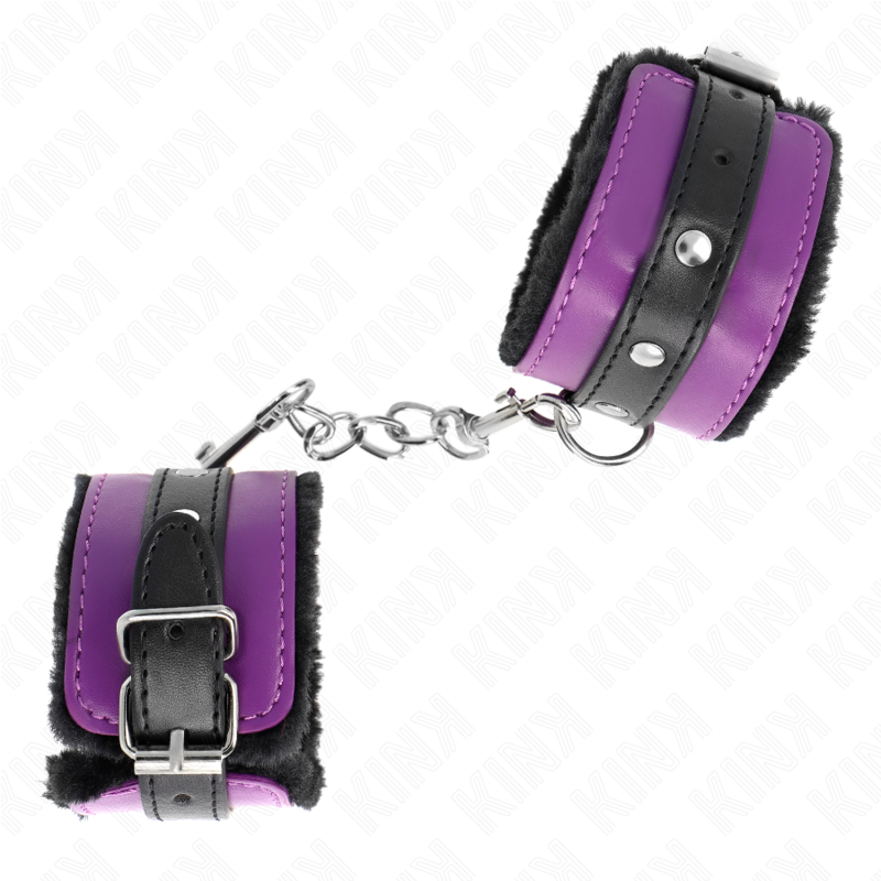 Kink - Appui-Poignets Doublés De Fourrure Premium Noir Avec Ceinture Violet / Noire Réglable 17-29 Cm X 6 Cm - Image 2