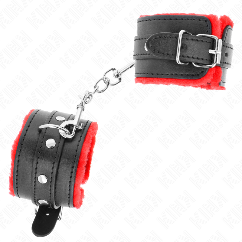 Kink - Appui-Poignets Doublés De Fourrure Premium Rouge Avec Ceinture Noire Réglable 17-29 Cm X 6 Cm - Image 2