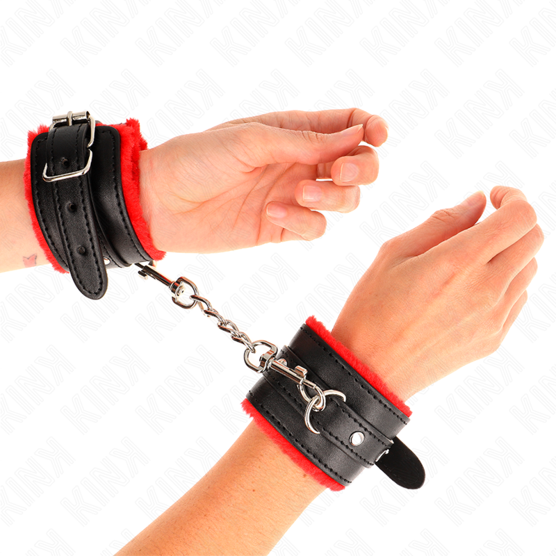 Kink - Appui-Poignets Doublés De Fourrure Premium Rouge Avec Ceinture Noire Réglable 17-29 Cm X 6 Cm - Image 3