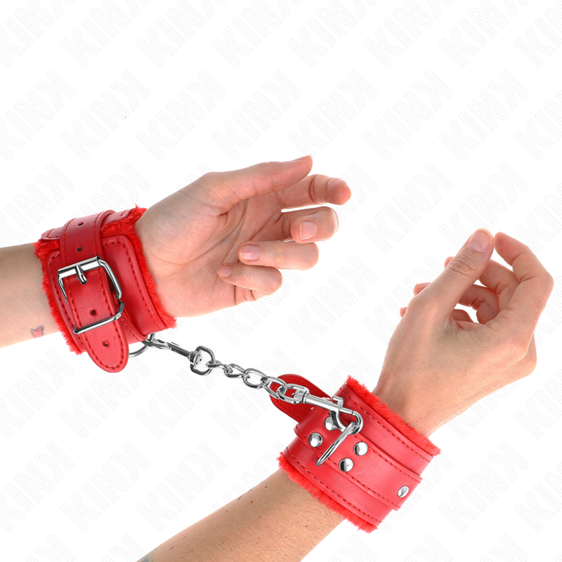 KINK - FUR LINED WRIST RESTRAINTS RED WITH RED BELT ADJUSTABLE 17-29 CM X 6 CM - Image 3