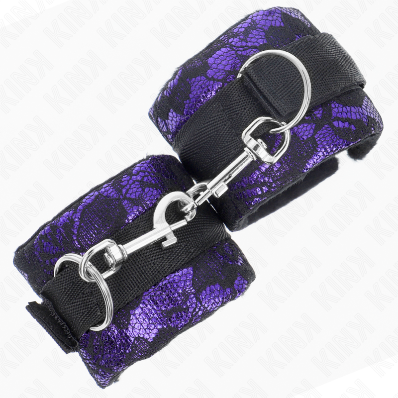 KINK - SHORT VELVET LACE WRIST RESTRAINTS AND NYLON BIND PURPLE / BLACK 23 X 6.5 CM - Image 2
