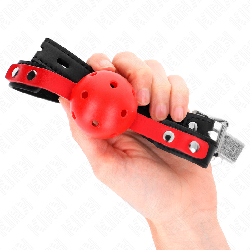 KINK - HOLLOW HARD RED BALL 4 CM GAG BLACK BRACELET 60 x 2 CM ADJUSTABLE 37-52 CM - Image 3