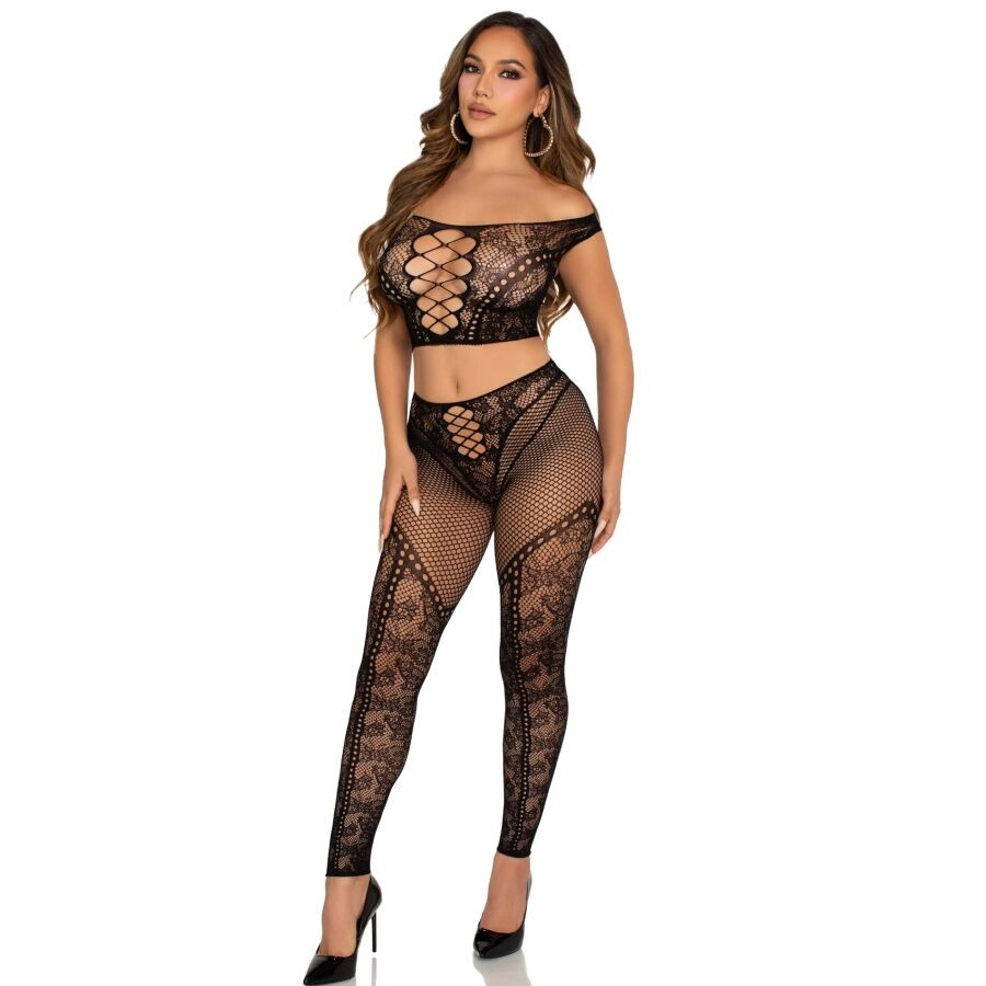 Leg Avenue - Crop Top Et Legging Résille Épaules Dénudées Noir - Image 2