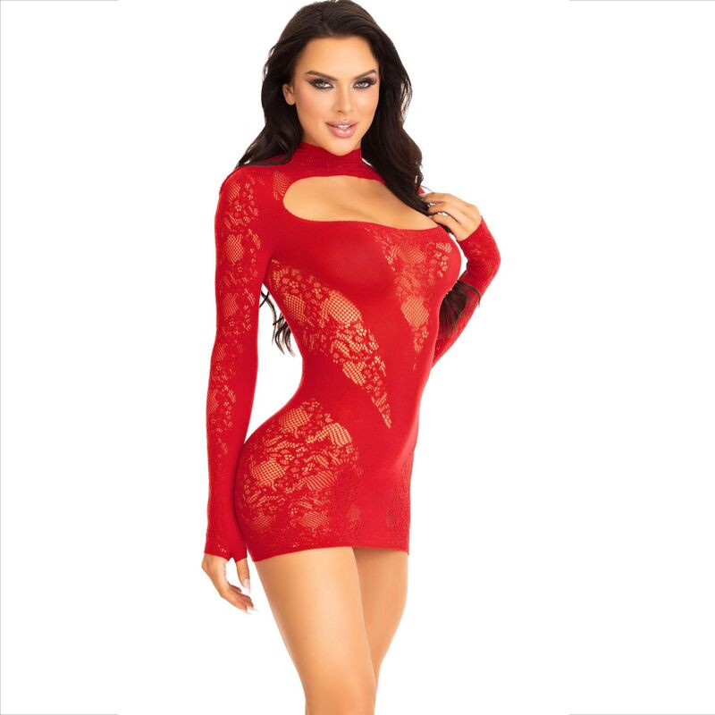 LEG AVENUE - MINI DRESS WITH LACE LONG SLEEVE RED - Image 2