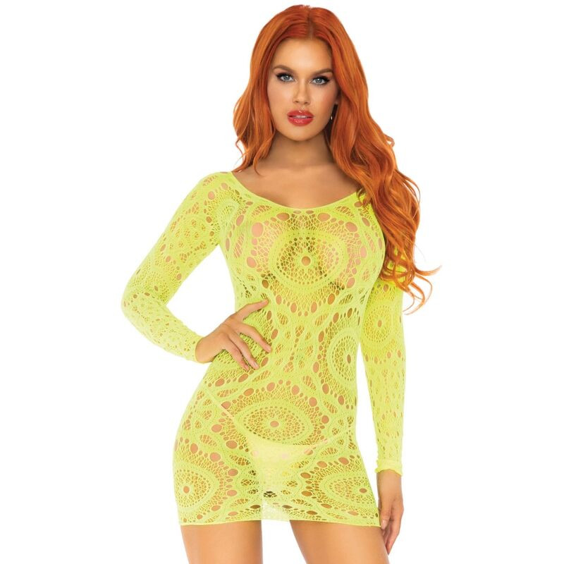 Leg Avenue - Mini Robe En Dentelle Crochet  Manches Longues Néon Taille Unique - Image 2