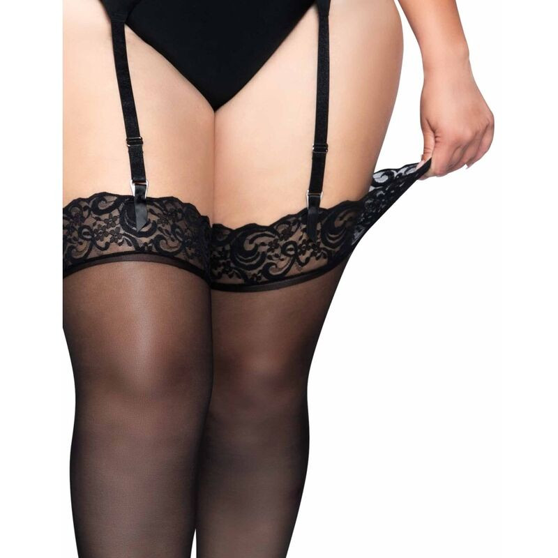 Leg Avenue - Outlet - Bas En Nylon Noir Avec Dentelle Top Plus - Image 3