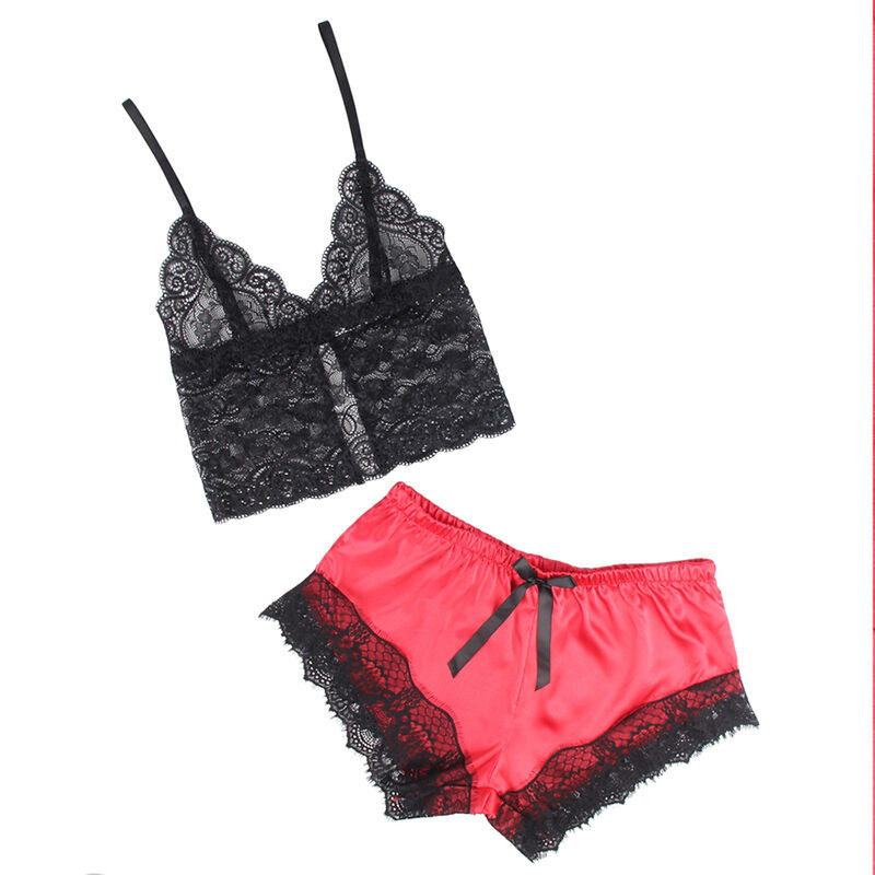 Subblime - 953959 Chemise De Nuit Décontractée En Soie + Pantalon En Dentelle Noir/Rouge S/M - Image 4