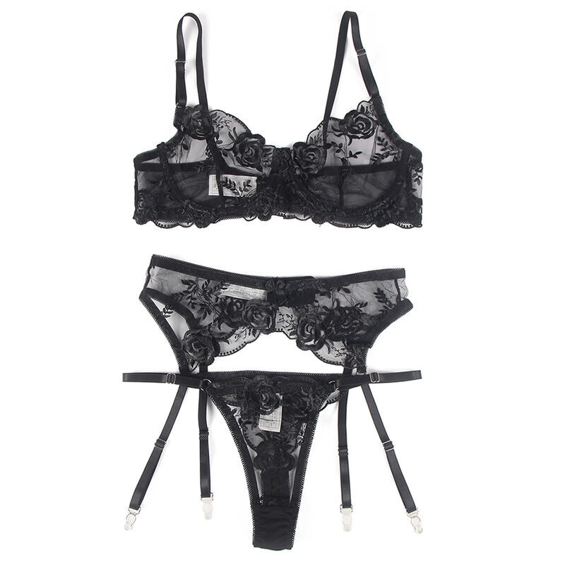 Subblime - Ensemble 3 Pièces Soutien-Gorge + String + Jarretière Imprimé Floral Noir S/M - Image 5