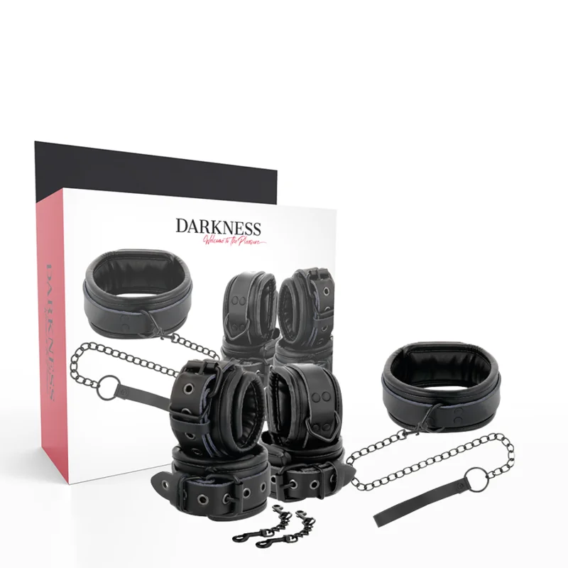 Darkness - Menottes Et Collier En Cuir Noir