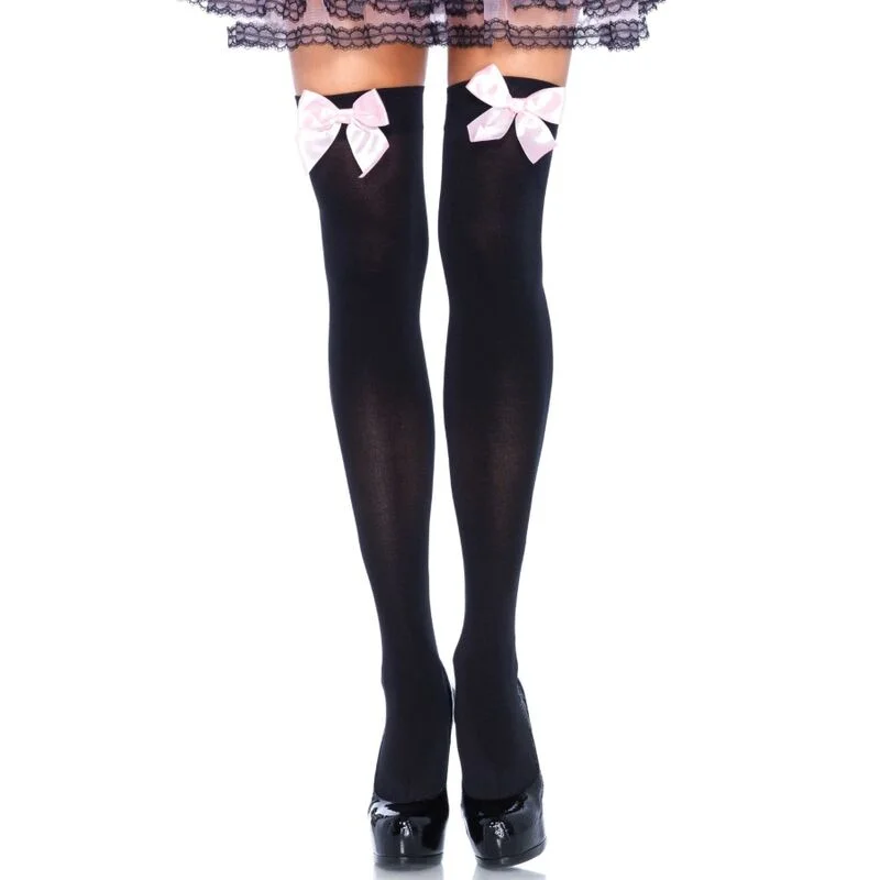 Leg Avenue - Cuisses Hautes En Nylon Noir Avec Noeud Rose - Image 2