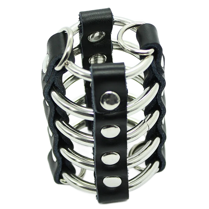 OHMAMA FETISH - CAGE  PÉNIS AVEC ANNEAUX MÉTALLIQUES ET SANGLE EN CUIR