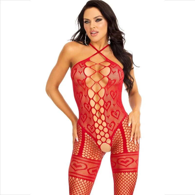 LEG AVENUE - BODYSTOCKING NEK COLLAR RODE HARTJES ROOD