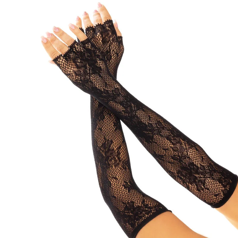 Leg Avenue - Gants Sans Doigts Reseau Floral Noir