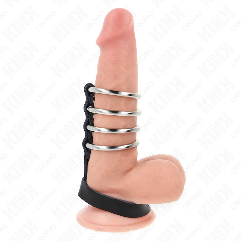 KINK - 4 METALEN PENIS RINGEN 3,8 CM VERBONDEN MET LEEREN BAND 22 X 1,5 CM EN DRUKKNOP