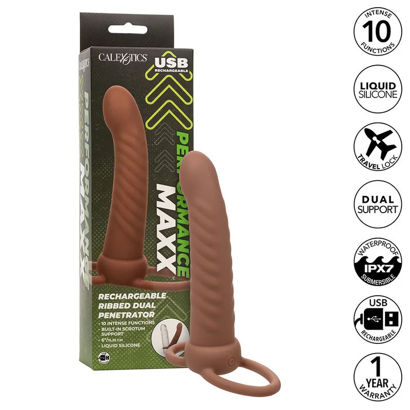 CALEXOTICS - MAXX RIBBED DOUBLE PÉNÉTRATEUR 10 VIBRATIONS MARRON