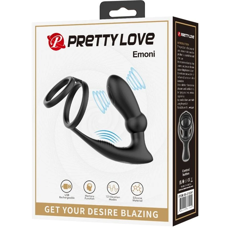 PRETTY LOVE - ANNEAU PÉNIS EMONI + PLUG ANAL 12 VIBRATIONS NOIR - Image 9