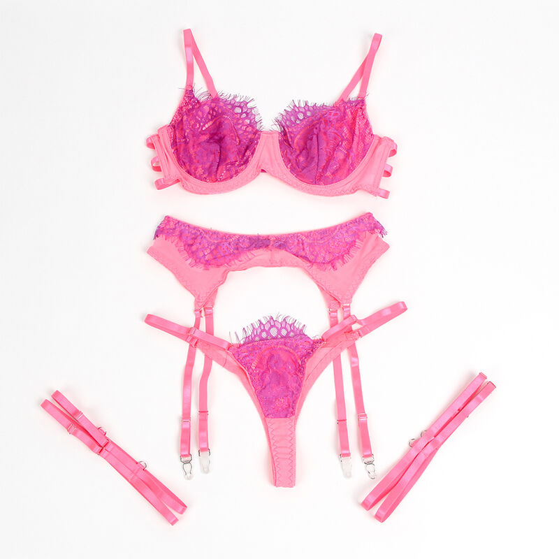 SUBBLIME - 955359 ENSEMBLE SOUTIEN-GORGE AVEC DENTELLE ET LIENS JARRETELLES ROSE ET VIOLET S/M - Image 9
