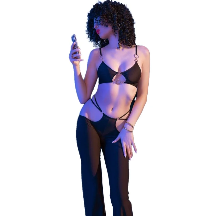 Chilirose - Cr 4851 Ensemble Top Et Leggings Noirs Avec Accessoires Dorés L - Image 5