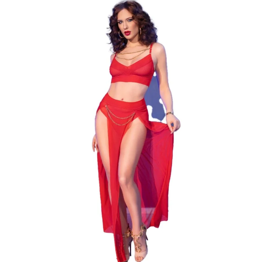 CHILIROSE - CR 4850 ENSEMBLE TOP ET LEGGINGS ROUGE AVEC ACCESSOIRES DORÉS M