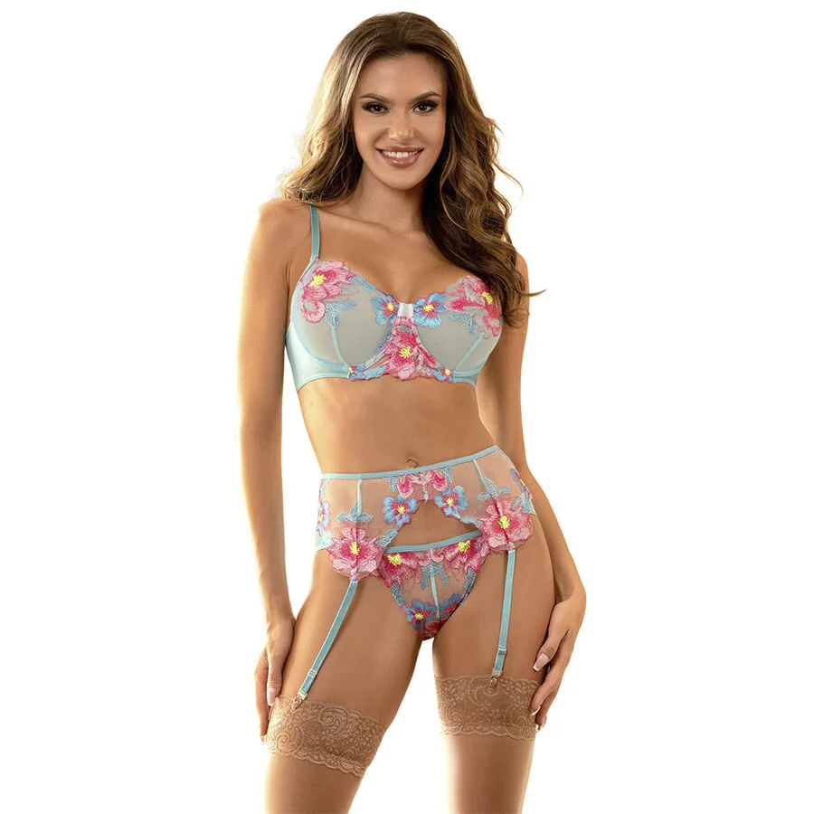 SUBBLIME - 957650 ENSEMBLE SOUTIEN-GORGE ET PORTE-JARRETELLES BRODÉ FLEURS ROSE L/XL