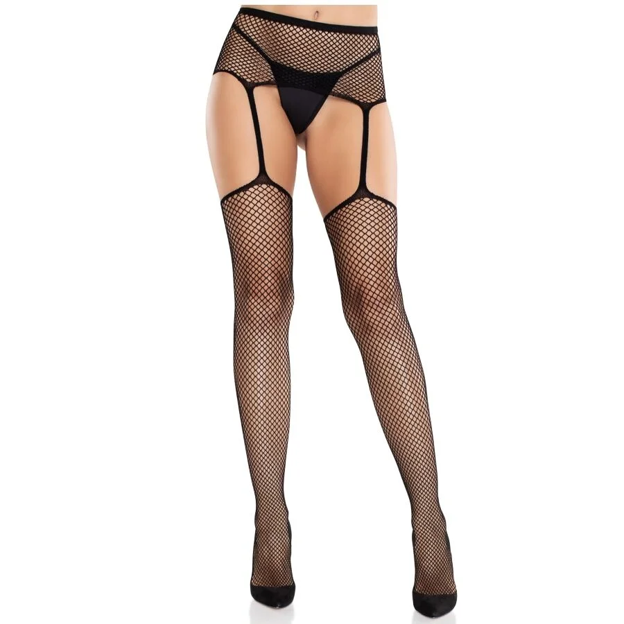 LEG AVENUE - BAS EN DENTELLE AVEC CROIX ET PORTE-JARRETELLES NOIR