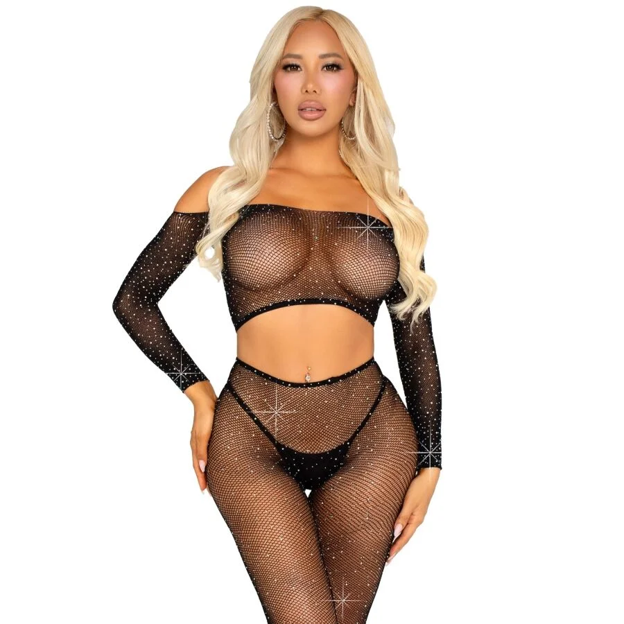 LEG AVENUE - CROP TOP ET LEGGING RÉSILLE AVEC STRASS NOIR