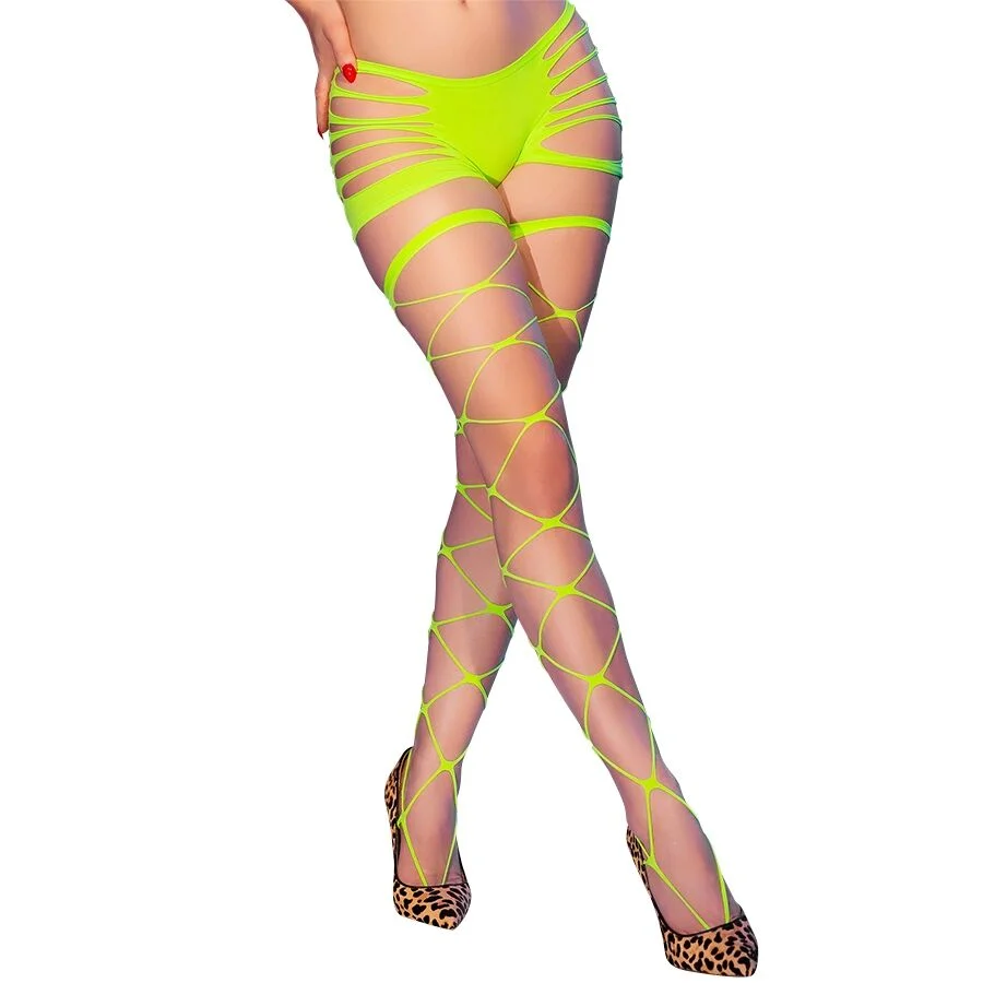 Chilirose - Cr 4867 Collants Réseille Vert Fluo Avec Trous