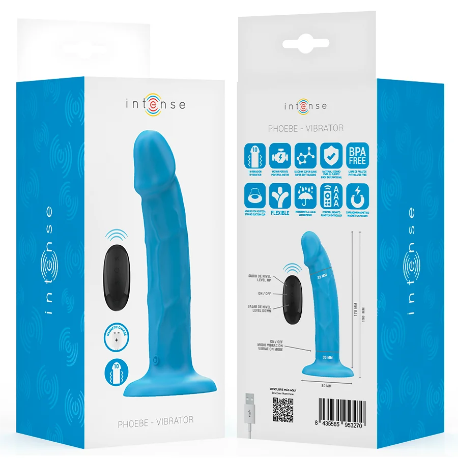 Intense - Phoebe Realistic Vibrator 10 Vibrations Blue Remote Control - Image 9