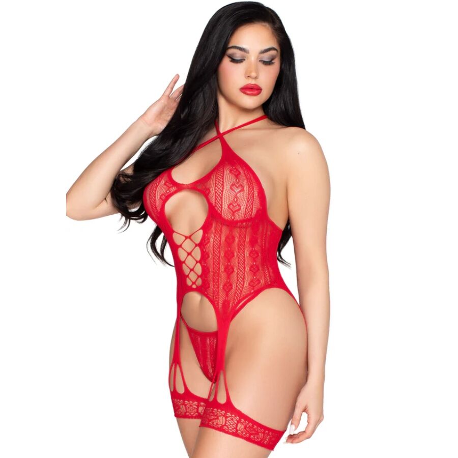 LEG AVENUE - 89338 BODY OUVERT EN DENTELLE AVEC PORTE-JARRETELLES + STRING ROUGE - TAILLE UNIQUE - Image 3