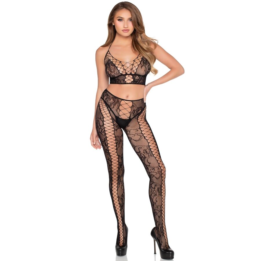 LEG AVENUE - 89368 ENSEMBLE CROP TOP ET COLLANTS NOIRS EN RÉSILLE ET DENTELLE