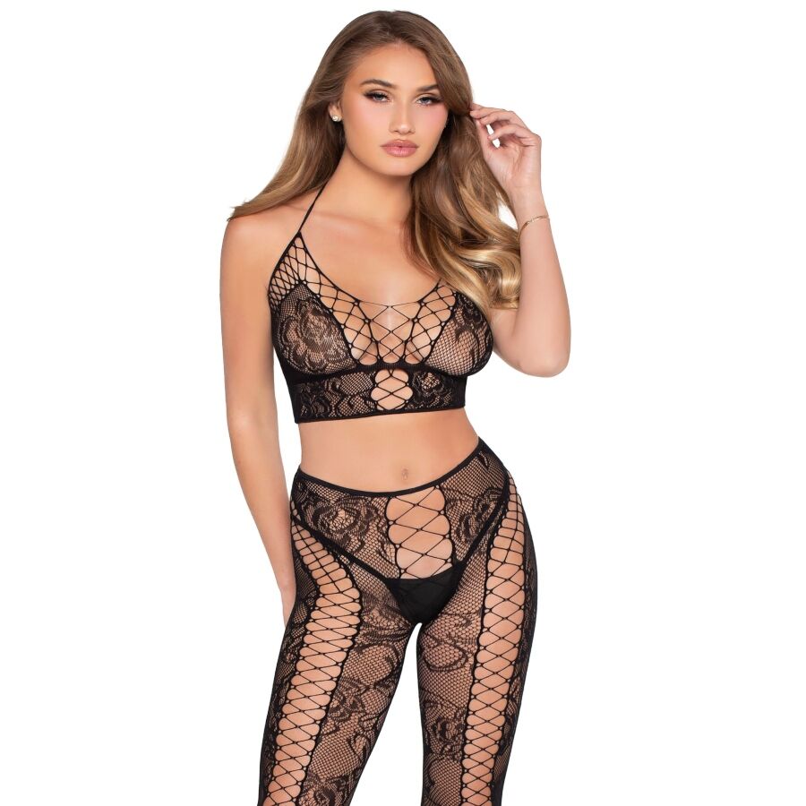 LEG AVENUE - 89368 ENSEMBLE CROP TOP ET COLLANTS NOIRS EN RÉSILLE ET DENTELLE - Image 4