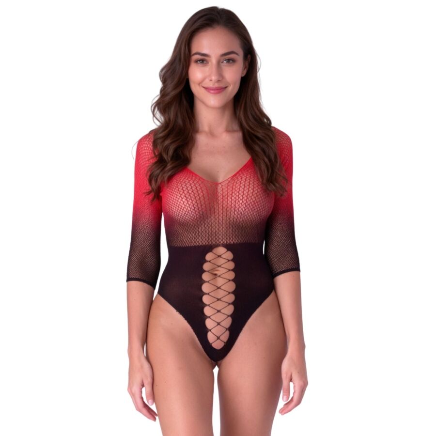 PASSION - BS118 BODYSTOCKING EN MAILLE NOIRE ET ROUGE