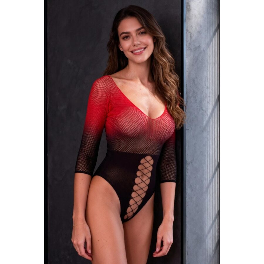 Passion - Bs118 Bodystocking En Maille Noire Et Rouge - Image 3