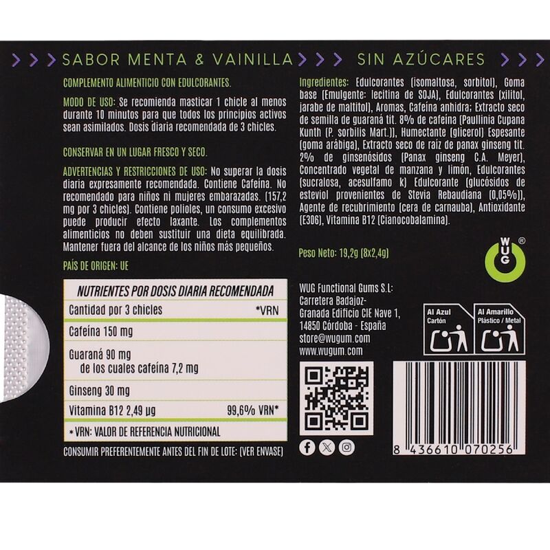 WUG ON - GOMME FONCTIONNELLE À LA CAFÉINE ET AU GUARANA, SAVEUR MENTHE ET VANILLE, PLAQUETTE DE 8 COMPRIMÉS - Image 5
