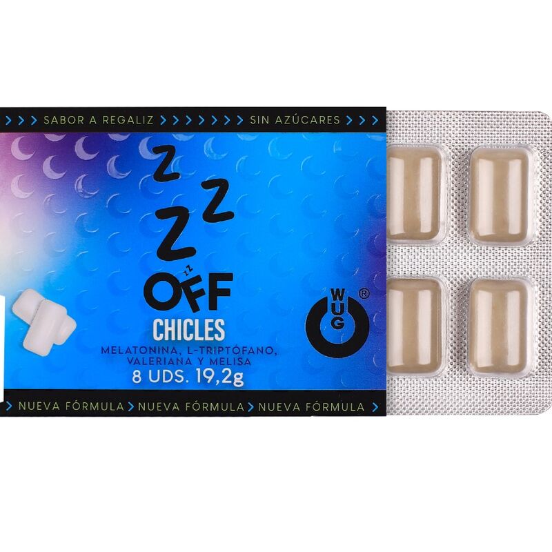 WUG OFF - Chewing-gum fonctionnel à la mélatonine et à la valériane, saveur réglisse, plaquette thermoformée de 8 pièces - Image 3
