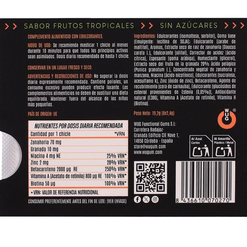 WUG SOLAR - Chewing-gum fonctionnel aux vitamines et au zinc, saveur fruits tropicaux, plaquette thermoformée de 8 unités - Image 5