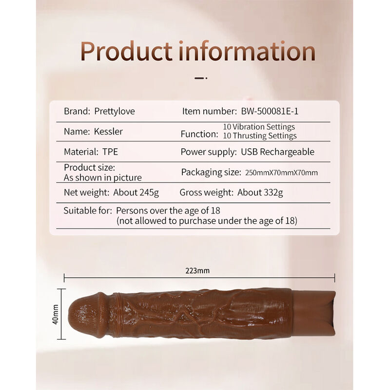Pretty Love - Kessler Realistic Vibrating Dildo With 10 Vibration Modes And 10 Throws, 22 Cm, Brown - Image 15