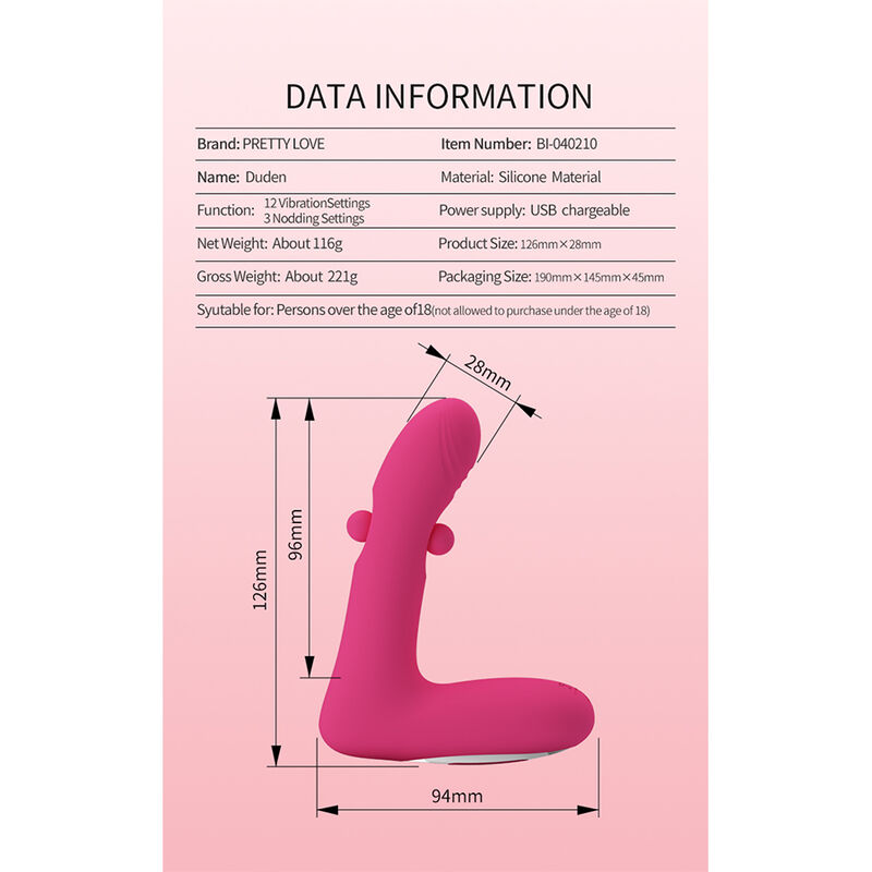 Pretty Love - Duden Vibrateur En Silicone Rechargeable 12 Modes De Vibration Et 3 Modes De Bascule Rose - Image 9